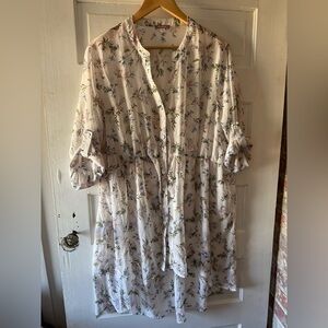 Mauve Shirt Dress White Shear Floral Garden Cover Up Roll Tab Sleeve